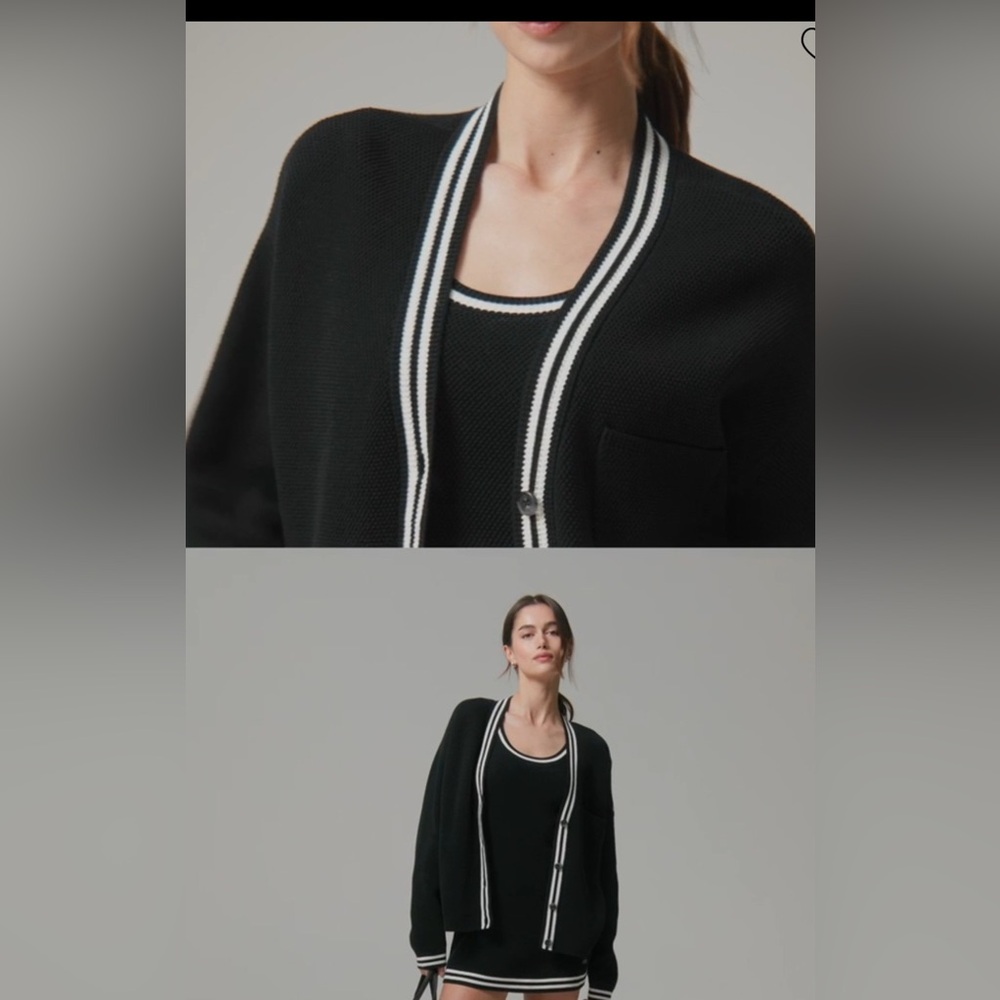 ALO Yoga Black Cardigan with Cream Trim - Picture 3 of 6